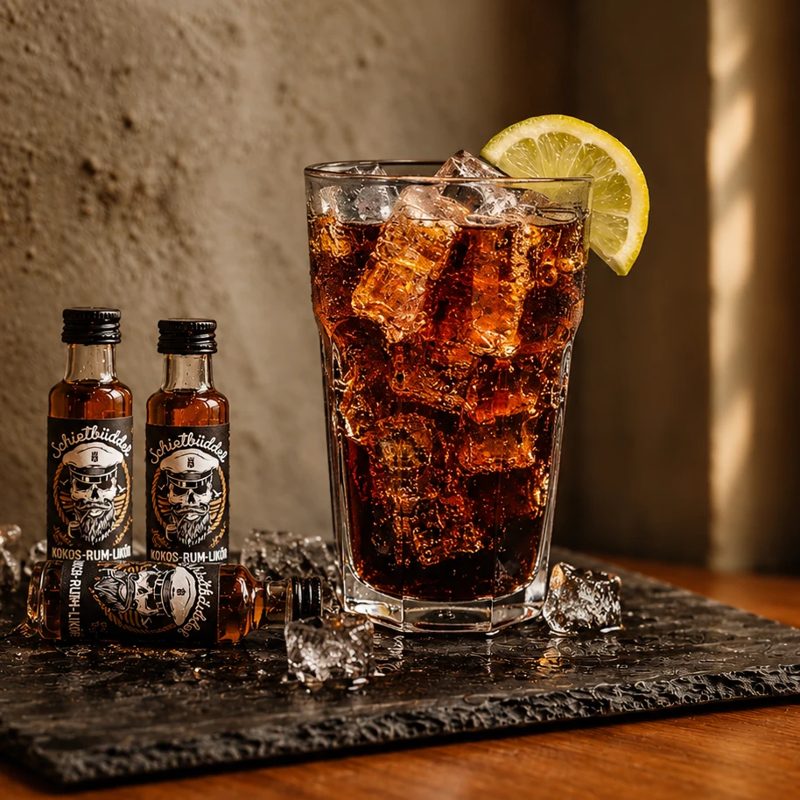 Glas Cola mit Eis und Zitrone neben Lütten