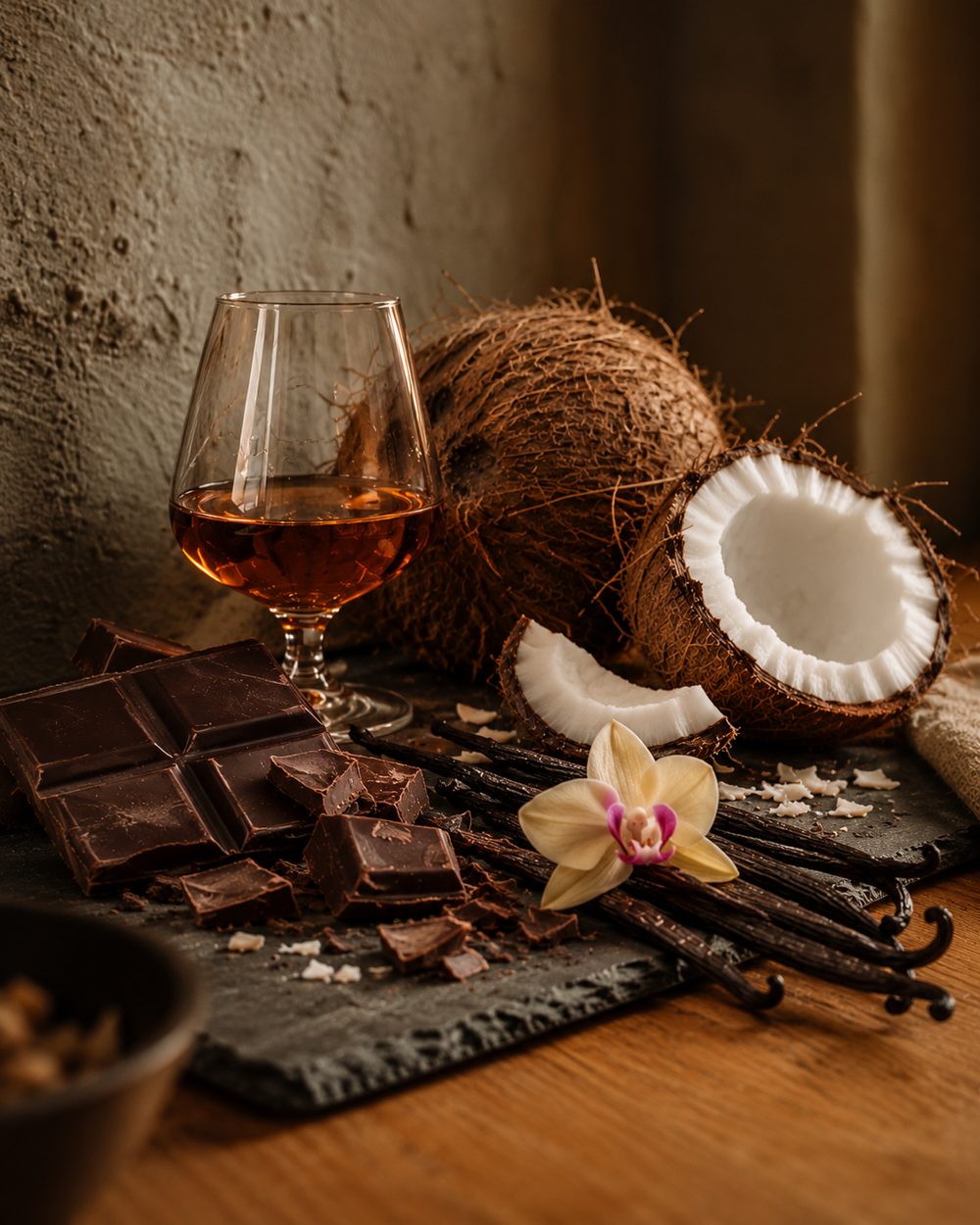 Kokosnuss, Schokolade, Vanilleschoten und ein Glas Rum auf Schiefer